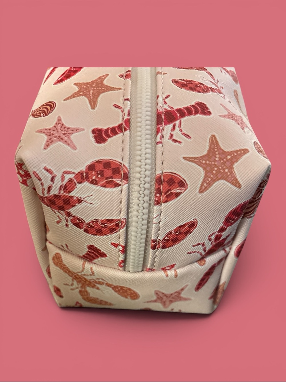 Beach Lobster Starfish Print Cosmetic Bag - Peach with Coral Accents - Picture 3 of 4